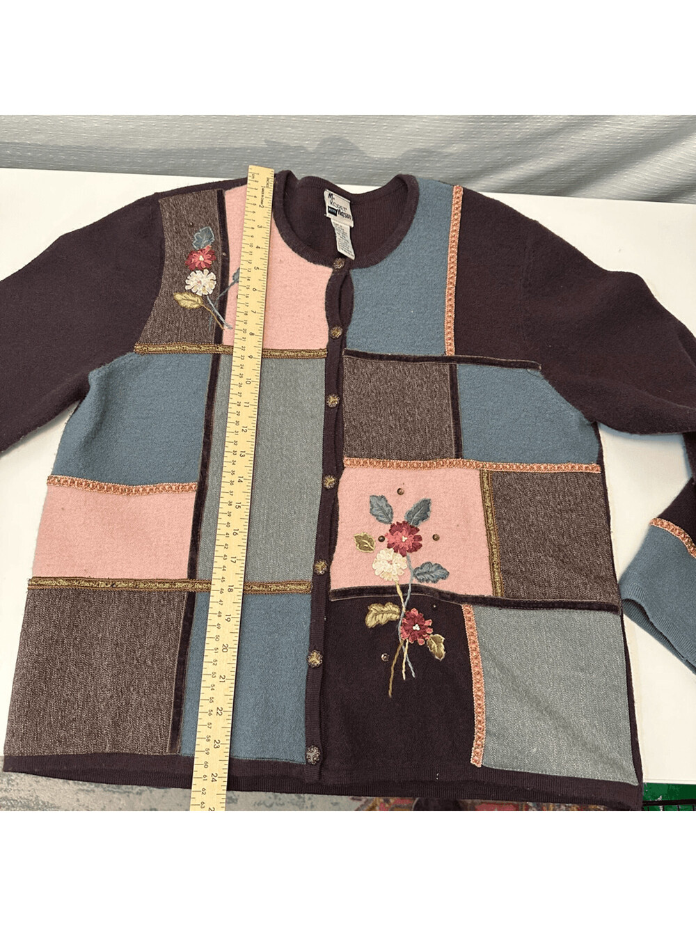 Koret Petite Wool Cardigan Sweater Patchwork Floral Embroidered Cottagecore - Picture 5 of 12
